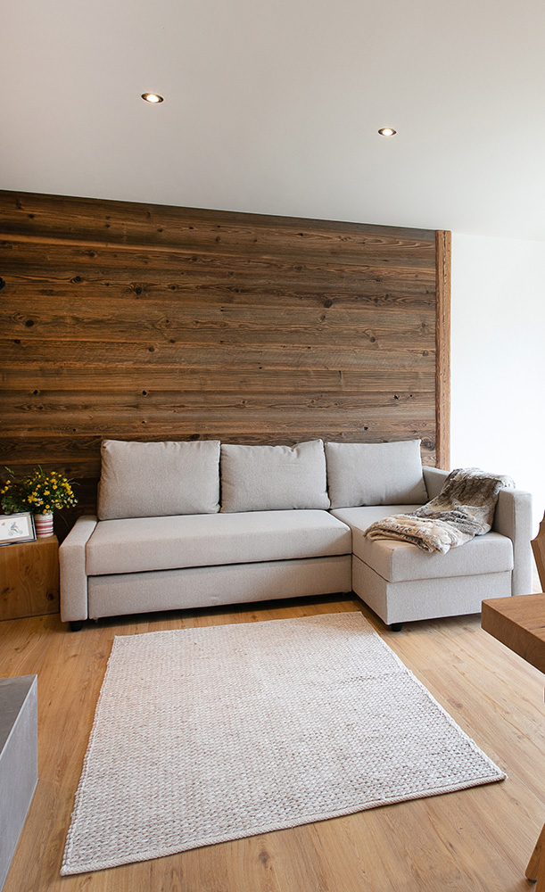 Graues gemütliches Sofa mit Altholzwand im Rücken
